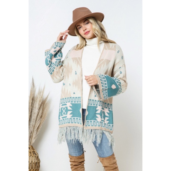 SOLD OUT Taupe Teal Bell Sleeve Aztec Western Tribal Fringe Knit Boho Cardigan - Picture 2 of 10